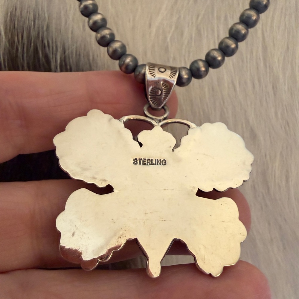 ❤️ Huge Butterfly Navajo Style 925 Pendant Dahlia Conch Kingman Turquoise 19.3G - Picture 5 of 11